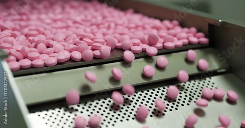 Pink pills on production line, pharmaceutical manufacturing process, medicine factory