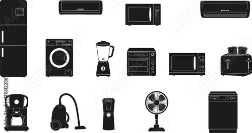 Black silhouette vector icons of household appliances including refrigerator, washing machine, blender, oven, toaster, coffee maker, vacuum cleaner, fan, microwave, and dishwasher.