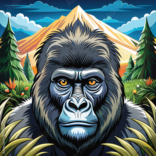 Vector art of a majestic gorilla gazes intensely from a lush jungle, with towering mountains in the background under a cloudy sky