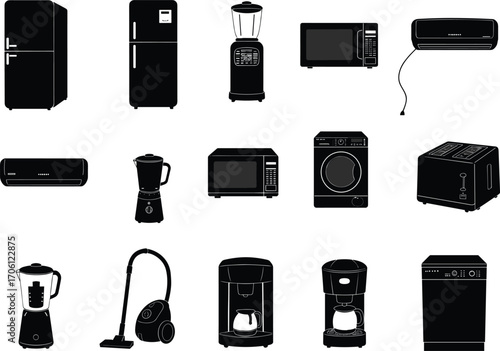 Vector black silhouette icons of household appliances including refrigerators, blenders, microwaves, air conditioners, washing machine, toaster, vacuum cleaner, coffee makers, and dishwasher.