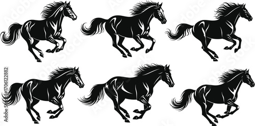 Running horse silhouette vector set, dynamic poses with flowing manes and tails, black and white illustration for motion, anatomy, and design studies