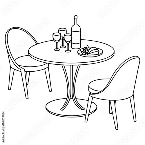 Elegant Dining Scene Illustration A Romantic Dinner Setup Featuring Wine, Table, and Chairs
