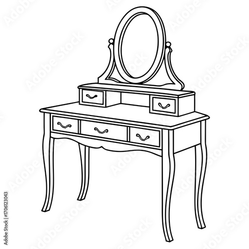 Ornate vintage dressing table outline illustration, featuring a framed mirror and multiple drawers, ideal for interior design or elegant bedroom concepts