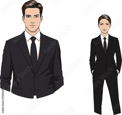Two business professionals in black suits with formal posture, corporate attire, vector illustration for fashion, branding, and office identity