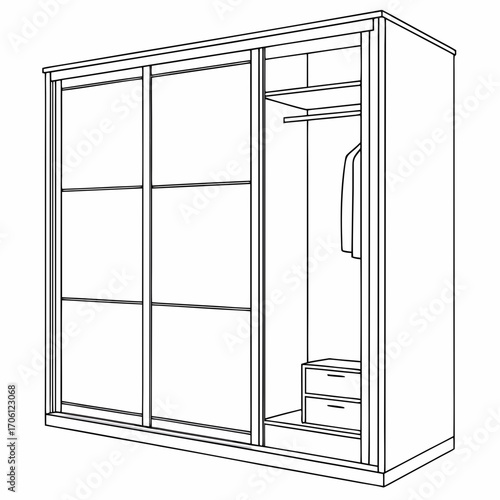 Line art illustration of an empty sliding door wardrobe with shelves and hanging space