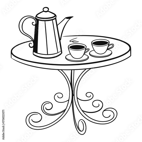 Elegant Black and White Outline of a Vintage Coffee Pot and Two Cups on a Round Cafe Table, Perfect for Breakfast or Afternoon Tea Scenes