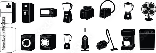 Vector set of black and white household appliances silhouettes including refrigerator, microwave, blender, toaster, fan, washing machine, vacuum cleaner, coffee maker, and dishwasher icons.