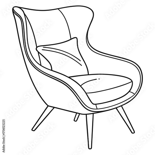 Elegant line art illustration featuring a contemporary armchair with a sleek design and comfortable cushion, ideal for modern interior decor and sophisticated living spaces
