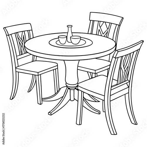 Minimalist vector illustration of a dining room furniture set with a round table and four chairs, a clean line art drawing for coloring