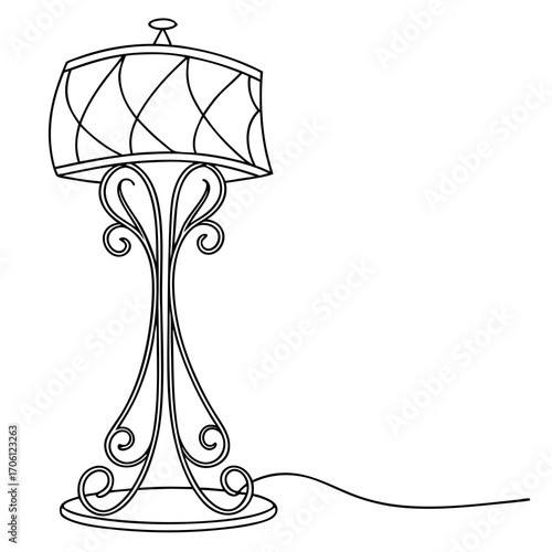 Elegant floor lamp with decorative scrollwork and patterned shade, a classic lighting fixture for any room