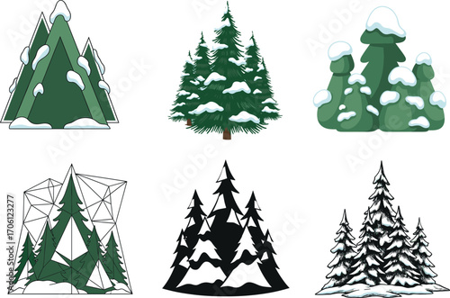Snow-covered evergreen tree vector set, geometric, whimsical, realistic styles, winter forest clipart bundle, seasonal nature icons, pine tree illustrations