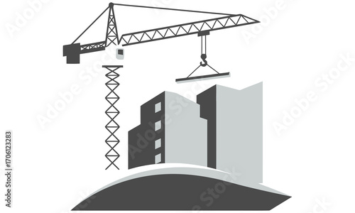 Architectural design and development of an urban city building construction site with a crane silhouette