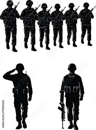 Silhouettes of soldiers marching, saluting, and standing with rifles for army parade, honor ceremony, or military-themed projects