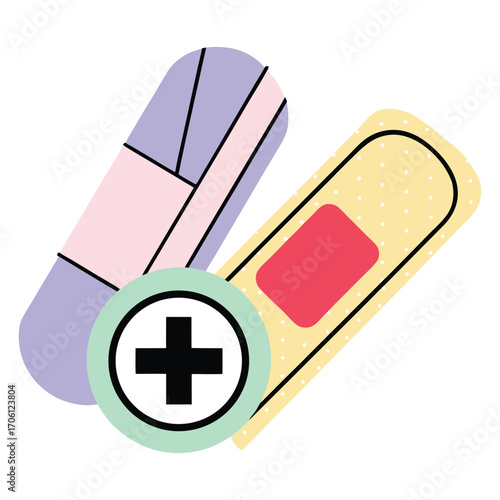 Vector art of abstract illustration of medical supplies including a bandage and a pill with a medical cross symbol