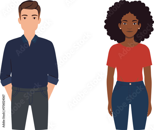 Two casually dressed individuals standing side by side, diverse fashion and hairstyle, vector illustration for lifestyle, character design, and identity