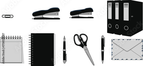 Vector illustration of essential office supplies including staplers, scissors, notebooks, pens, paper clips, envelopes, and file organizers for workspace and productivity.