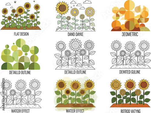Sunflower vector style sampler set, flat, hand drawn, geometric, outline, watercolor, vintage designs, floral clipart bundle, nature icons