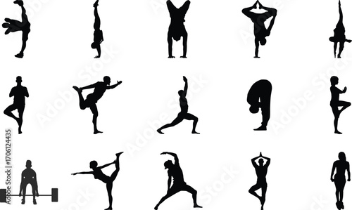 Yoga Silhouette Vector Set – Handstand, Warrior Stretch, Dancer Pose, Forward Bend, Tree Balance, Weightlifting Fitness Icon, Spiritual Exercise and Body Wellness Poses for Health and Meditation Desig