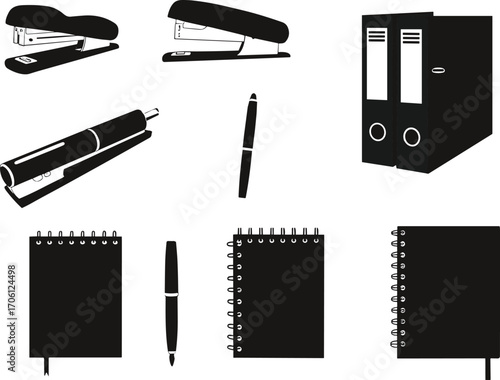 Black silhouette office stationery vector icons including staplers, binders, pens, and spiral notebooks for professional workspace and document organization designs.