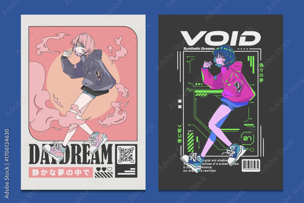 Fototapeta premium retro anime and cyberpunk y2k style poster illustrations, perfect for streetwear, prints, and modern design projects, vector illustration