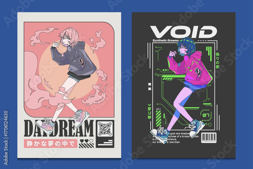 retro anime and cyberpunk y2k style poster illustrations, perfect for streetwear, prints, and modern design projects, vector illustration