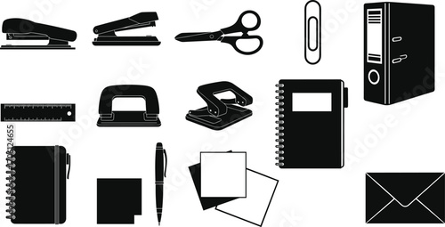 Black and white office stationery vector set including staplers, scissors, hole punch, rulers, notebooks, pen, paper clips, binder, and envelope for workspace.