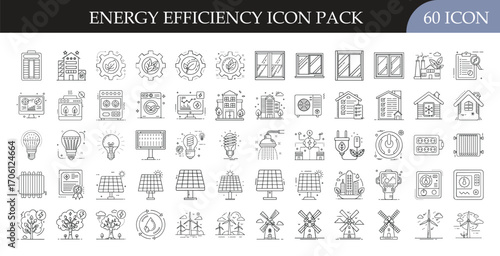 Energy Efficiency Icon Pack Collection - Set of 60 outline energy efficiency icons including renewable energy, solar panels, wind turbines, eco-friendly homes, insulation, LED bulbs