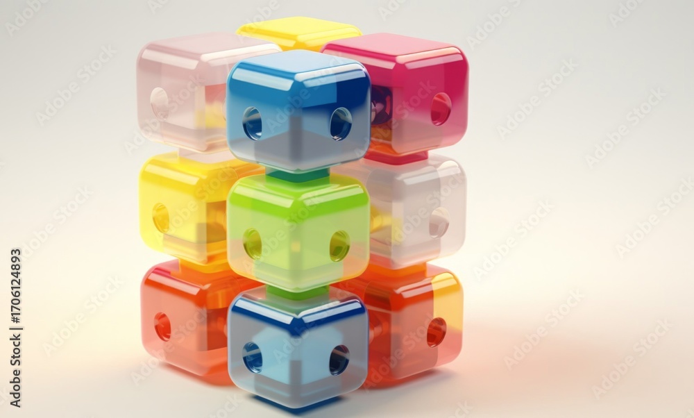 Naklejka premium Colorful Cubes: An engaging close-up captures the intricate, translucent construction of a vibrant cube puzzle, its layers demonstrating a blend of engineering and playful design