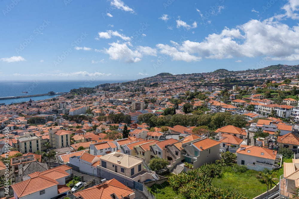 Obraz premium Panoramic View of Funchal City with Red Tiled Roofs and Ocean, Madeira, Portugal