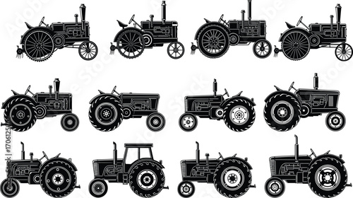 Tractor silhouette set, black-and-white illustrations of vintage and modern farm vehicles for agriculture, machinery evolution, rural life, and farming themes