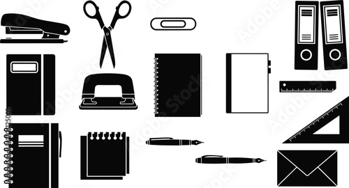 Black and white office stationery vector set with staplers, scissors, hole punch, rulers, notebooks, pens, paper clips, binder folders, and envelopes for work.