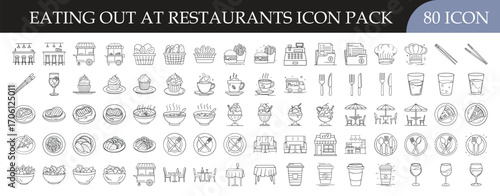 Eating Out at Restaurants Icon Set - Pack of 80 outline icons themed around dining out, featuring restaurants, food dishes, beverages, cutlery, takeaway items, menus, burgers, pizza, noodles, coffee 
