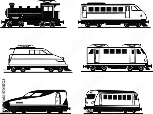 Train silhouettes set, vintage and modern locomotives, high-speed trains, electric trains, passenger trains, rail transport icons, railway travel, transit vehicles collection