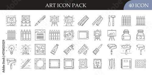 Art Icon Set - Collection of 40 outline icons related to art and creativity, featuring tools and materials such as easels, paintbrushes, pencils, paint tubes, palettes, frames, ink, light bulbs, and s
