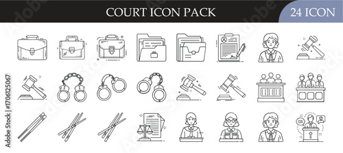 Court Icon Set - Collection of 24 outline icons representing law, justice, legal cases, judges, lawyers, jury, gavel, handcuffs, and court documents, ideal for legal services, law firms, and justice