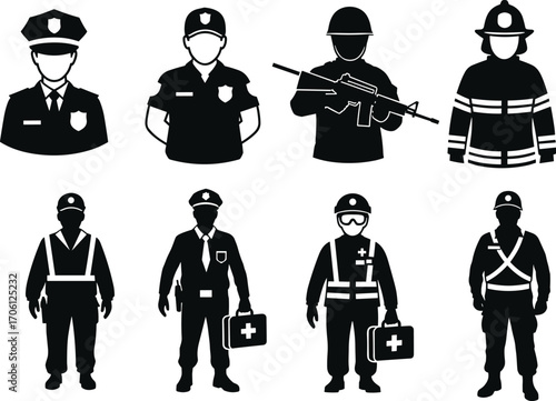 Uniformed personnel silhouettes, police officers, soldiers, firefighters, emergency medical responders, security, law enforcement, safety workers, rescue team