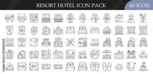 Resort Hotel and Vacation Services Icon Set - Collection of 60 outline icons featuring hotels, rooms, pools, drinks, relaxation, and travel services for resort, holiday, and hospitality themes.
