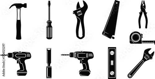 Black and white vector icons of common hand tools including hammer, screwdriver, wrench, saw, pliers, drill, chisel, measuring tape, and spirit level.