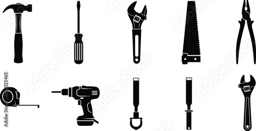 Black and white vector icons of essential hand tools including hammer, screwdriver, adjustable wrench, saw, pliers, measuring tape, power drill, and chisels.