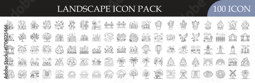 Landscape and Nature Outline Icon Set - Collection of 100 outline icons featuring trees, mountains, houses, gardens, and outdoor scenery elements for nature, travel, and environment themes.
