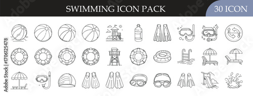 Swimming and Pool Activities Icon Set - Collection of 30 outline icons featuring swimming gear, lifebuoys, goggles, flippers, and poolside elements for water sports and summer leisure themes.
