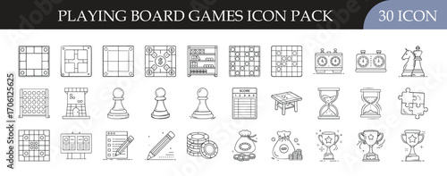 Board Games and Tabletop Icon Set - Collection of 30 outline icons featuring board games, dice, pawns, cards, and strategy elements for entertainment, leisure, and family fun themes.  

