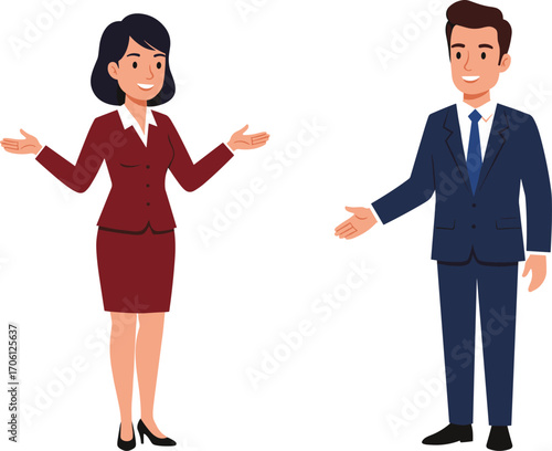 Vector illustration of two business professionals interacting with gestures, ideal for workplace communication, corporate meetings, and professional presentation themes