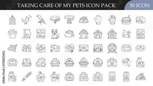 Pet Care and Animal Supplies Icon Set - Collection of 50 outline icons featuring pets, food, grooming, toys, cages, and veterinary care symbols for animal care and lifestyle themes.
