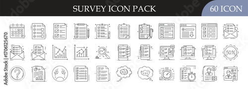 Survey and Questionnaire Icon Set - Collection of 60 outline icons featuring surveys, forms, checklists, feedback, and research tools for data collection, analysis, and communication themes.
