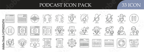 Podcast and Audio Recording Icon Set - Collection of 33 outline icons featuring microphones, headphones, sound equipment, and podcast symbols for broadcasting, streaming, and audio production themes.
