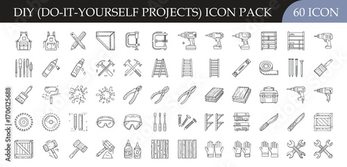 DIY Tools and Home Projects Icon Set - Collection of 60 outline icons featuring DIY tools, equipment, and materials for construction, repair, home improvement, and creative building projects.
