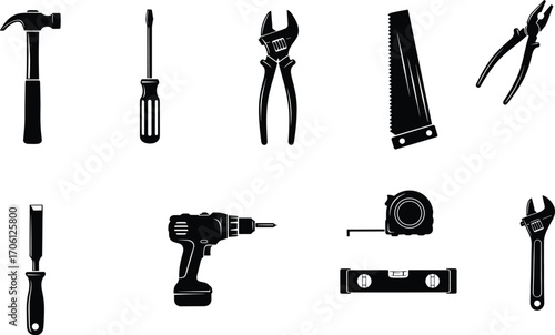 Black and white vector icons of essential hand tools including hammer, screwdriver, drill, saw, pliers, wrench, chisel, level, and tape.