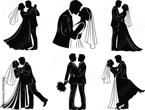 Wedding couple silhouettes, romantic bride groom pose, wedding dance vector, romantic marriage clipart, gay wedding, black white