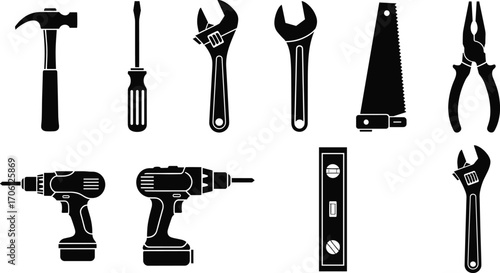 Vector set of essential hand tools including hammer, screwdrivers, wrenches, power drills, saw, pliers, and level in black.